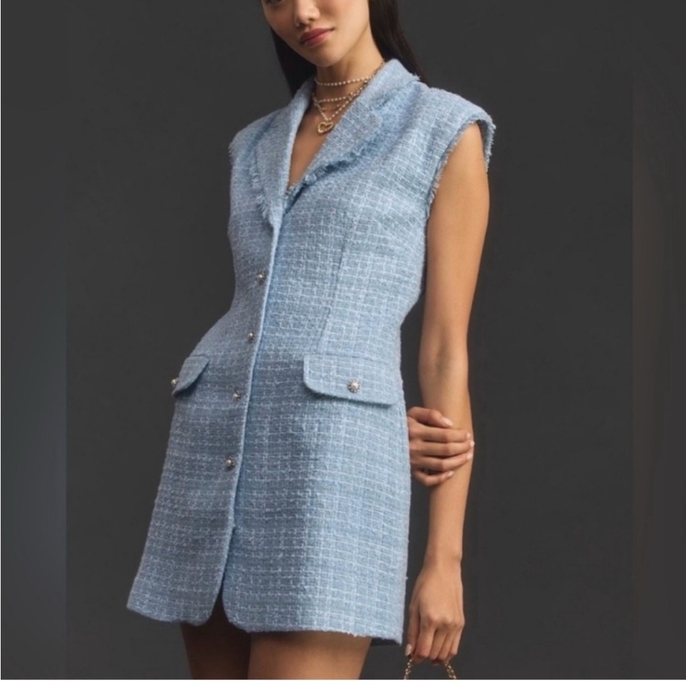 Maeve Light Blue Tweed Sleeveless Shift Dress